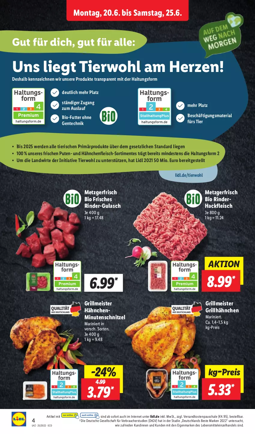 Aktueller Prospekt Lidl - Aktionsprospekt - von 20.06 bis 25.06.2022 - strona 4 - produkty: bio, eis, ente, erde, fleisch, grill, grillhähnchen, gulasch, hackfleisch, Hähnchenfleisch, lebensmittel, Liege, Meister, minutenschnitzel, ndk, pute, Rauch, reis, Ria, rind, rinder, rinderhackfleisch, Schal, Schale, schnitzel, Ti