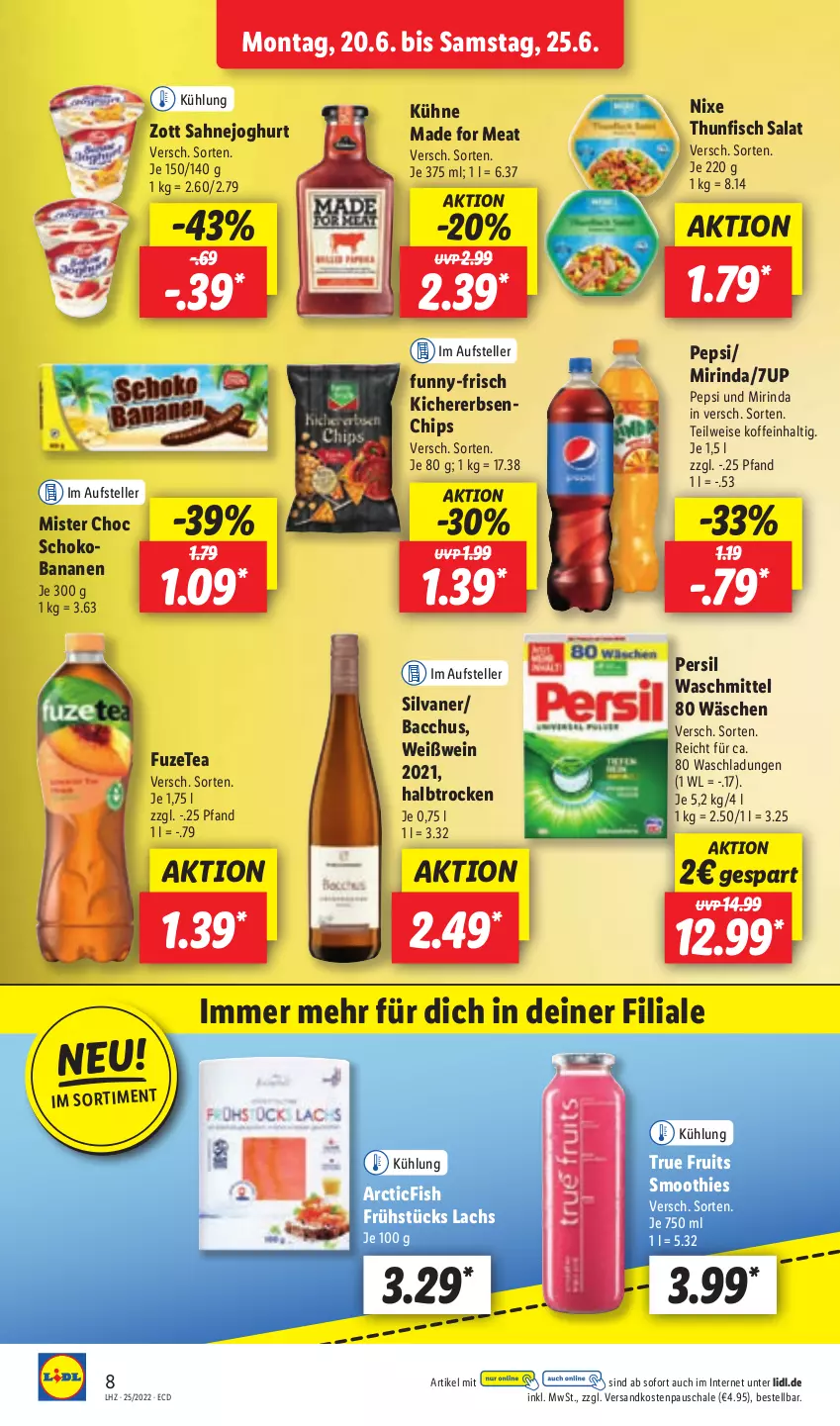 Aktueller Prospekt Lidl - Aktionsprospekt - von 20.06 bis 25.06.2022 - strona 8 - produkty: 7UP, ACC, banane, bananen, chips, eis, elle, erbsen, fisch, funny-frisch, fuzetea, joghur, joghurt, kichererbsen, Kühne, lachs, Mirinda, ndk, pepsi, persil, persil waschmittel, rind, sahne, Sahnejoghurt, salat, Schal, Schale, schoko, Schokobananen, silvaner, smoothie, smoothies, teller, thunfisch, thunfisch salat, Ti, true fruits, waschmittel, wein, Weißwein, zott