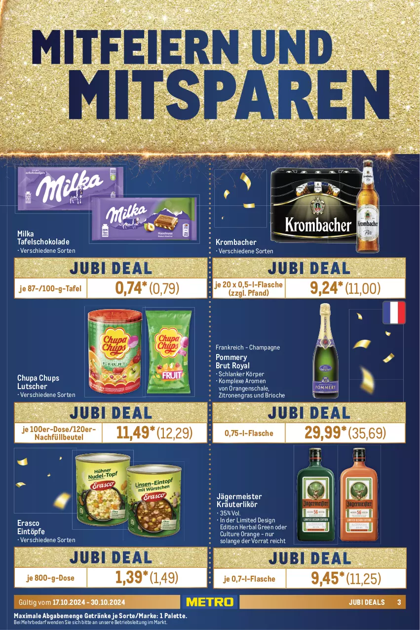 Aktueller Prospekt Metro - Food-NonFood - von 17.10 bis 30.10.2024 - strona 3 - produkty: Becher, beef, beutel, brut, Burrata, champagne, chupa, chupa chups, cocktail, eier, eintöpfe, eis, elle, erasco, filet, fisch, fische, Fischer, flasche, Germ, getränk, getränke, haltbare milch, jägermeister, kräuter, kräuterlikör, krombache, krombacher, lachs, lachsfilet, likör, Lutscher, mac, Meister, Metro, milch, milka, orange, orangen, Palette, reis, rind, rinder, rispentomaten, roastbeef, Schal, Schale, Schere, schoko, schokolade, seelachsfilet, tafelschokolade, Ti, tisch, tomate, tomaten, weihenstephan, wiener, wiener würstchen, Wild, würstchen, zitrone, zitronen