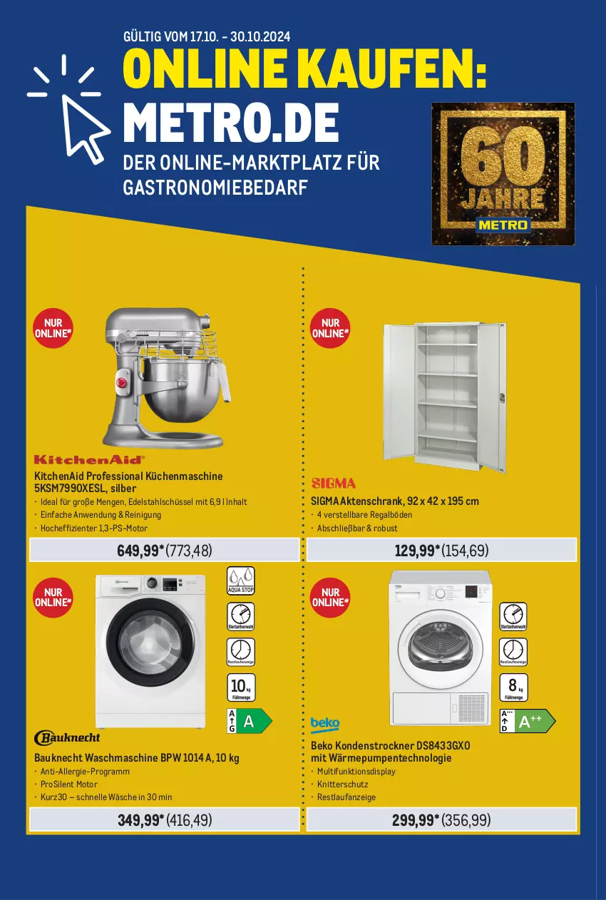 Aktueller Prospekt Metro - Food-NonFood - von 17.10 bis 30.10.2024 - strona 32 - produkty: Aktenschrank, Bau, bauknecht, beko, decke, edelstahl, elle, ente, KitchenAid, küche, Küchen, küchenmaschine, Metro, regal, Reinigung, Schrank, schüssel, sigma, Ti, Trockner, waschmaschine