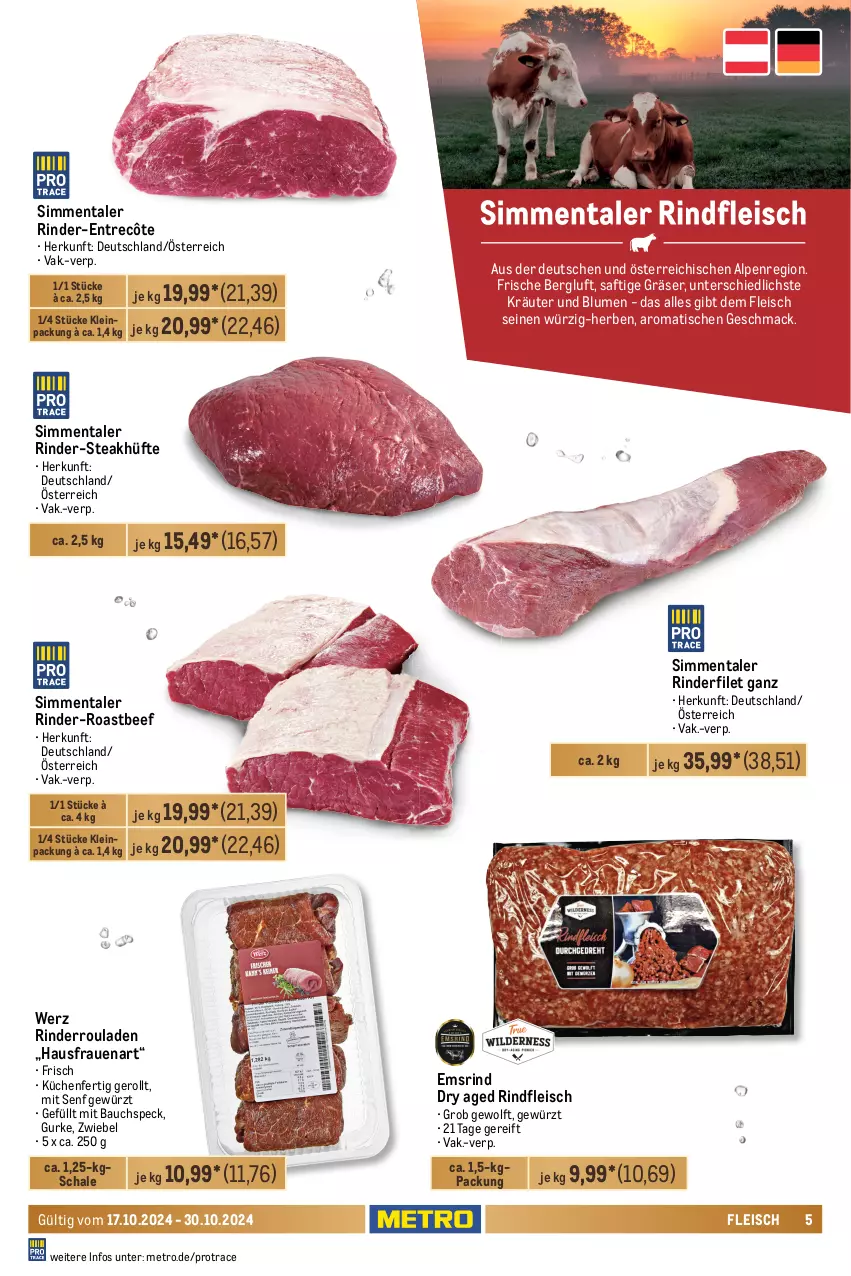 Aktueller Prospekt Metro - Food-NonFood - von 17.10 bis 30.10.2024 - strona 5 - produkty: Bau, beef, blume, blumen, braten, eis, entrecôte, Falsches Filet, filet, fleisch, gewürz, gulasch, gurke, kräuter, küche, Küchen, Kugel, mac, medaillons, Metro, rind, rinder, rinderbraten, rinderfilet, Rinderroulade, rinderrouladen, rindfleisch, roastbeef, rollbraten, rouladen, saft, Schal, Schale, schwein, schweine, schweinerücken, senf, sim, Speck, steak, steakhüfte, Ti, tisch, wein, weine, Wild, Wildschwein, zwiebel