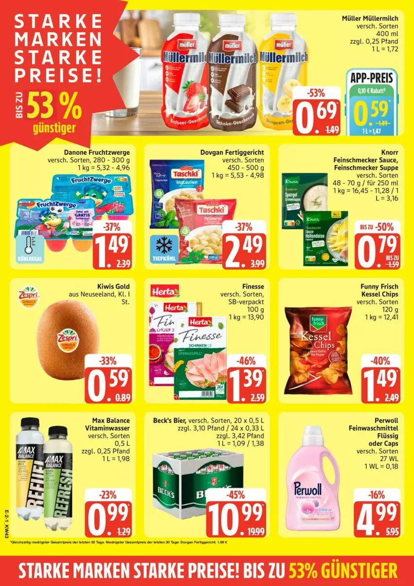 Aktueller Prospekt Edeka - Prospekte - von 19.10 bis 24.10.2026 - strona 2 - produkty: bier, Cap, chips, danone, danone fruchtzwerge, dovgan, eis, Elan, feinschmecker, feinwaschmittel, fertiggericht, finesse, frucht, fruchtzwerge, Funny Frisch, kiwi, knorr, milch, Müller, müllermilch, perwoll, reis, sauce, suppe, Ti, vita, waschmittel, wasser, ZTE