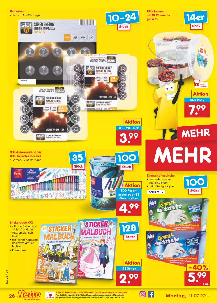 Aktueller Prospekt Netto Marken-Discount - Filial-Angebote - von 11.07 bis 16.07.2022 - strona 26 - produkty: batterie, batterien, buch, eimer, eis, fasermaler, Gläser, handschuhe, mac, ndk, reis, schuhe, Spiele, Stickerbuch, Ti, versandkostenfrei