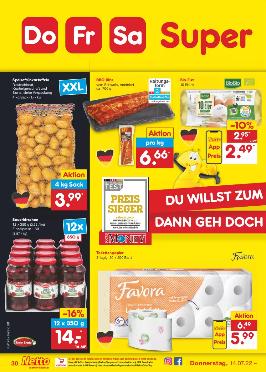 Aktueller Prospekt Netto Marken-Discount - Filial-Angebote - von 11.07 bis 16.07.2022 - strona 30 - produkty: auer, bio, eier, eis, Frühkartoffeln, kartoffel, kartoffeln, kirsch, kirsche, kirschen, ndk, papier, reis, sac, sauerkirschen, schwein, speisefrühkartoffeln, Ti, toilettenpapier, versandkostenfrei, wein