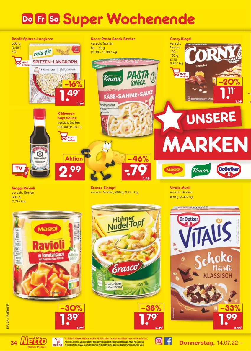 Aktueller Prospekt Netto Marken-Discount - Filial-Angebote - von 11.07 bis 16.07.2022 - strona 34 - produkty: Becher, corny, eintopf, eis, erasco, kikkoman, knorr, knorr pasta, korn, maggi, müsli, ndk, pasta, pasta snack, reis, riegel, sauce, snack, soja, spitzen-langkorn, Ti, topf, versandkostenfrei, vita, vitalis, vitalis müsli