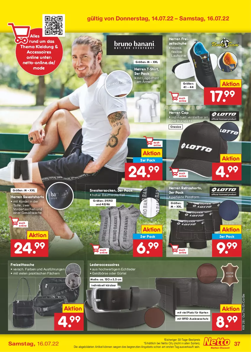 Aktueller Prospekt Netto Marken-Discount - Filial-Angebote - von 11.07 bis 16.07.2022 - strona 37 - produkty: ACC, accessoires, angebot, Bau, bestpreis, Cap, eis, Freizeitschuhe, Geldbörse, kleid, Kleidung, Mode, reis, retroshorts, schuhe, shirt, shorts, sneaker, sneakersocken, socken, sweatshorts, T-Shirt, Tasche, taschen, Ti, tisch, ZTE