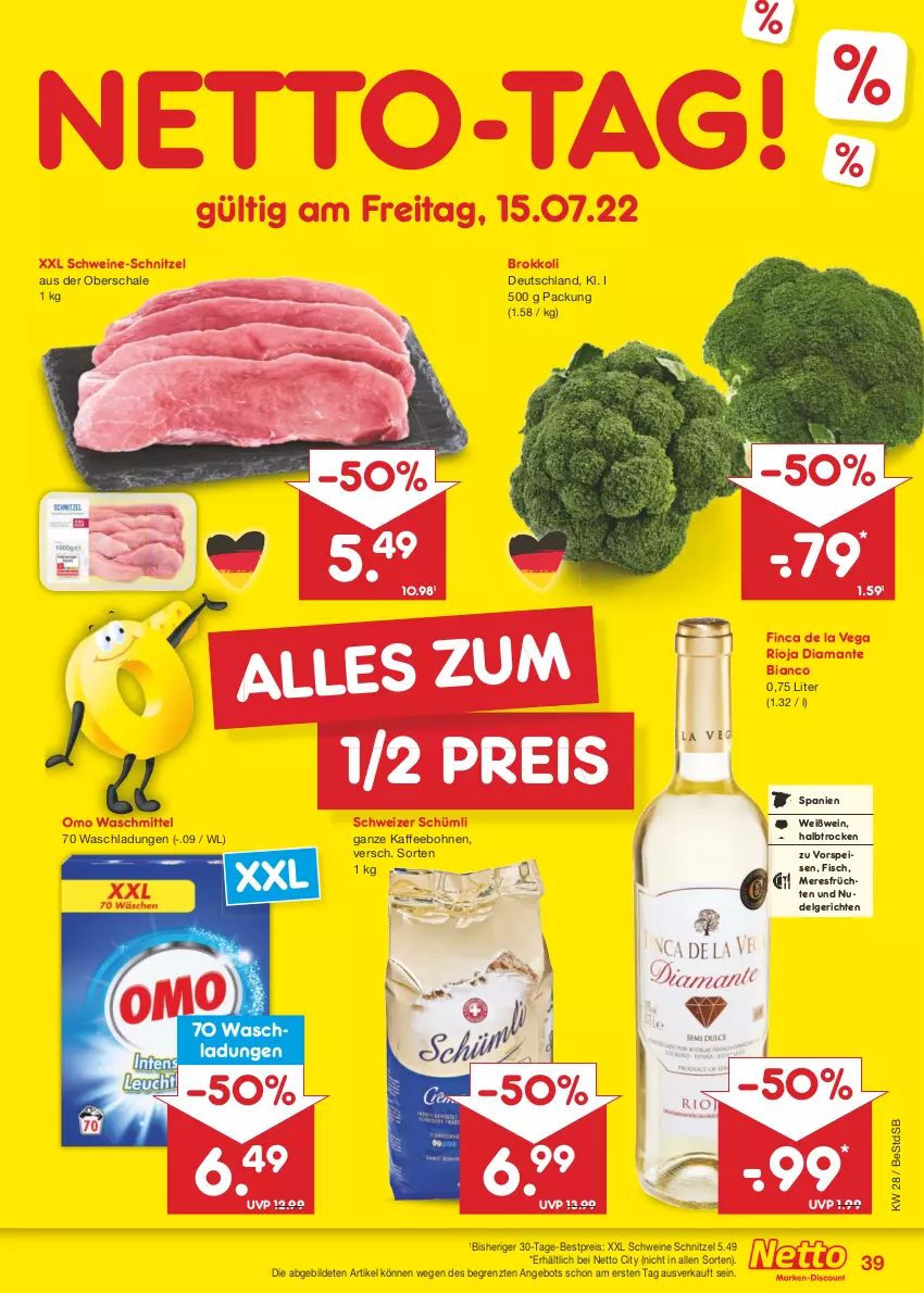 Aktueller Prospekt Netto Marken-Discount - Filial-Angebote - von 11.07 bis 16.07.2022 - strona 39 - produkty: angebot, bestpreis, bohne, bohnen, brokkoli, eis, fisch, früchte, früchten, kaffee, kaffeebohnen, LG, nudel, Nudelgericht, reis, rioja, Schal, Schale, schnitzel, schwein, schweine, schweine-schnitzel, Ti, vorspeise, waschmittel, wein, weine, Weißwein, ZTE