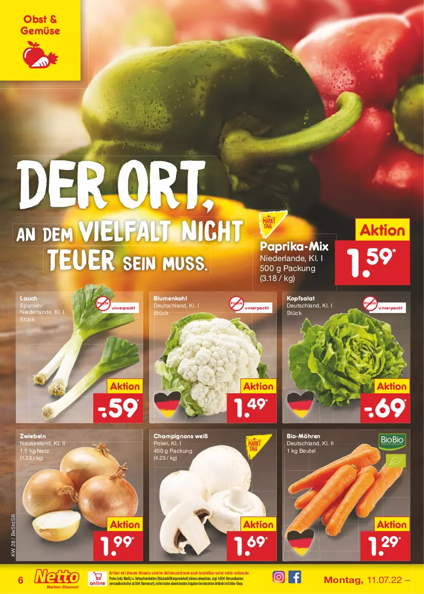 Aktueller Prospekt Netto Marken-Discount - Filial-Angebote - von 11.07 bis 16.07.2022 - strona 6 - produkty: asti, beutel, bio, blume, blumen, blumenkohl, champignon, champignons, eis, Elan, kopfsalat, möhren, ndk, obst, paprika, reis, salat, Ti, versandkostenfrei, zwiebel, zwiebeln