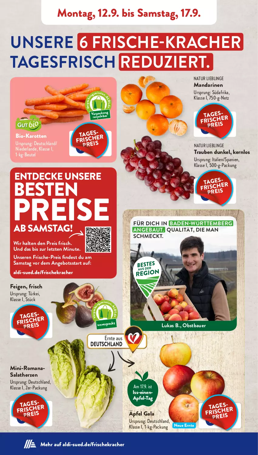 Aktueller Prospekt AldiSud - NÄCHSTE WOCHE - von 12.09 bis 17.09.2022 - strona 2 - produkty: aldi, angebot, apfel, auer, Bad, Bau, Bauer, beutel, bio, bio-karotten, decke, eis, Feigen, karotten, kracher, mandarine, mandarinen, natur, obst, reis, Romanasalat, salat, salatherzen, trauben, ZTE