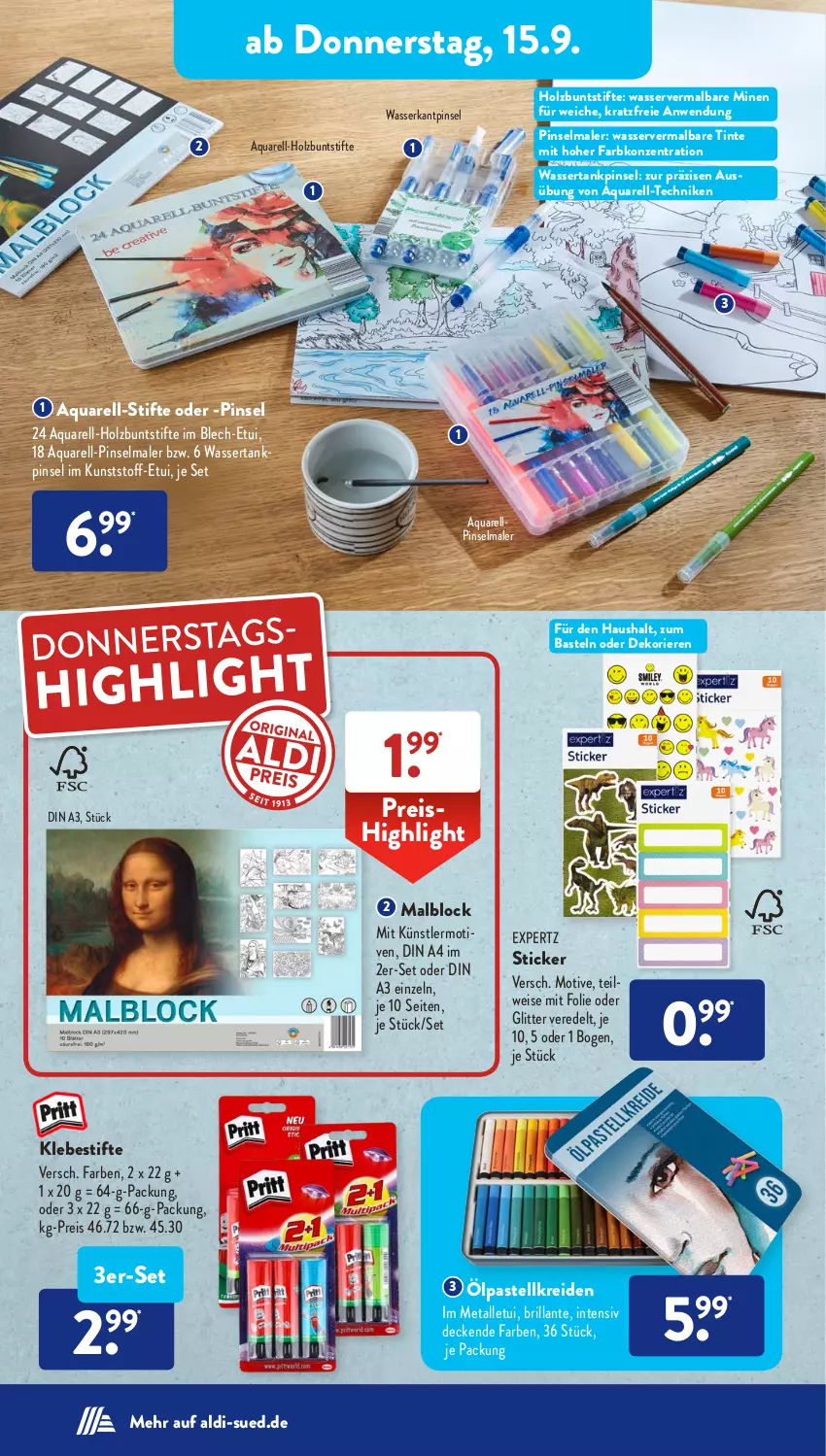 Aktueller Prospekt AldiSud - NÄCHSTE WOCHE - von 12.09 bis 17.09.2022 - strona 22 - produkty: aldi, aqua, buntstifte, decke, din a4, eis, Holz, Kreide, Malblock, Nike, Pinsel, reis, rel, stifte, Ti, wasser, wassertank