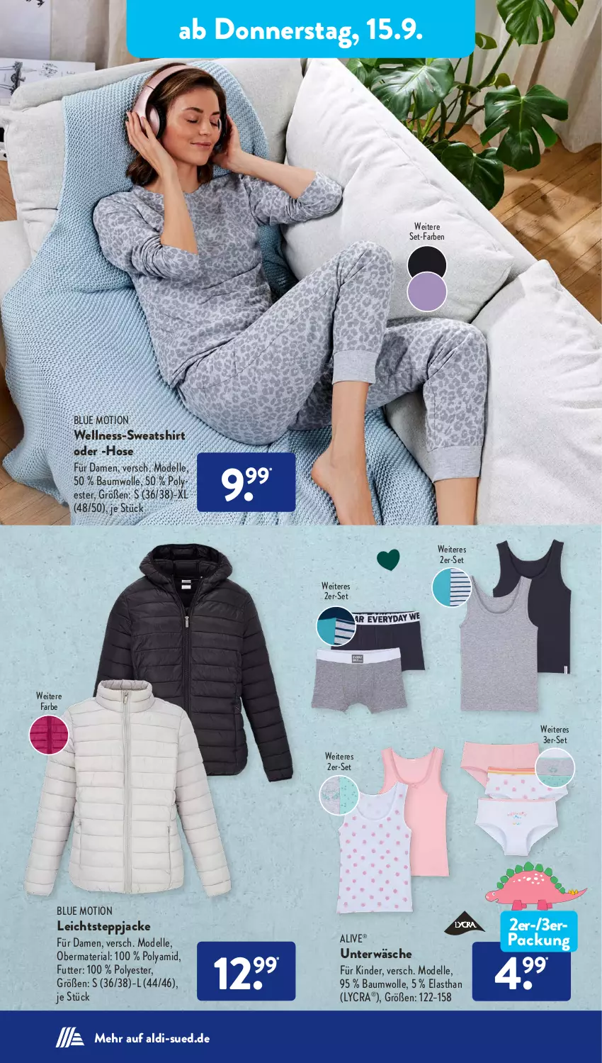 Aktueller Prospekt AldiSud - NÄCHSTE WOCHE - von 12.09 bis 17.09.2022 - strona 26 - produkty: aldi, Bau, baumwolle, dell, elle, hose, Jacke, Kinder, Mode, Ria, shirt, Steppjacke, Sweatshirt, Ti, Unterwäsche, wolle