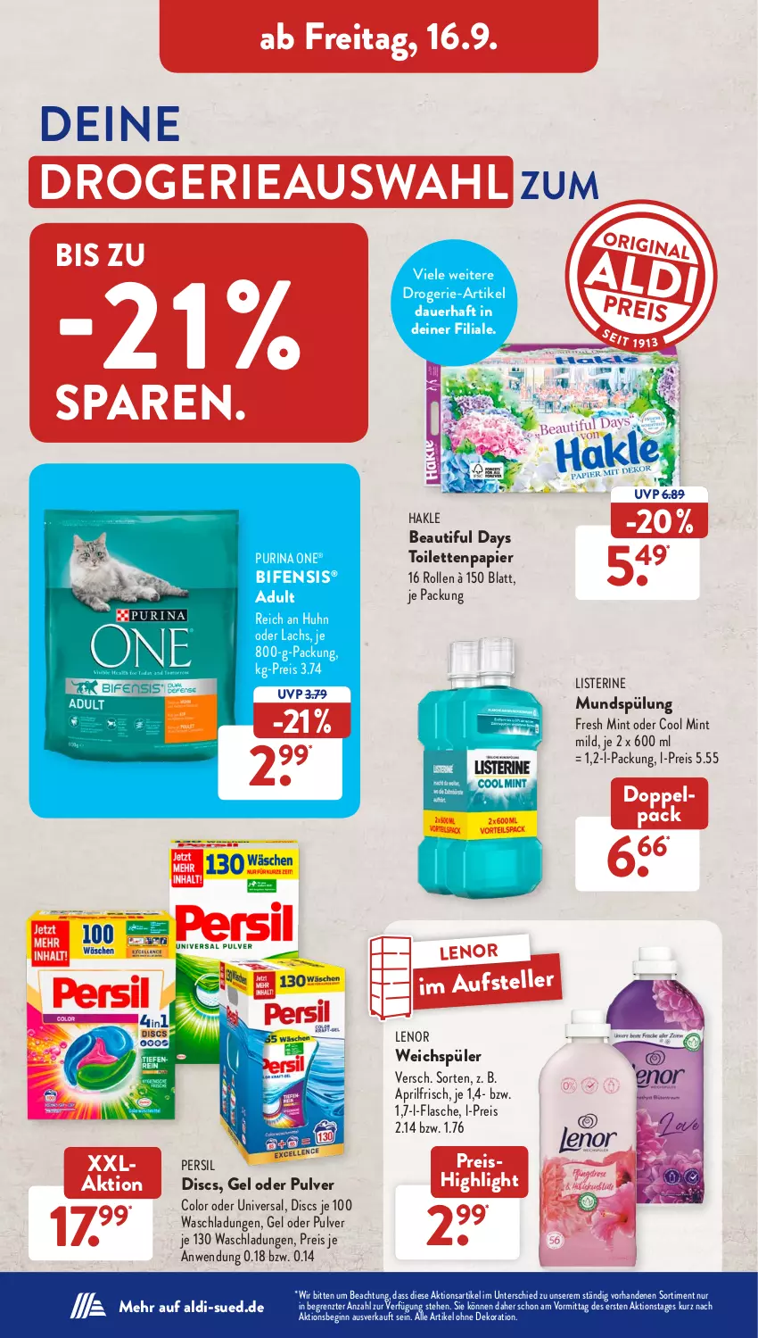 Aktueller Prospekt AldiSud - NÄCHSTE WOCHE - von 12.09 bis 17.09.2022 - strona 30 - produkty: aldi, alle artikel ohne dekoration, auer, dekoration, drogerie-artikel, eis, elle, flasche, gin, hakle, lachs, lenor, lenor weichspüler, listerine, mint, mundspülung, papier, persil, pril, purina, reis, spülung, teller, Ti, toilettenpapier, weichspüler, ZTE