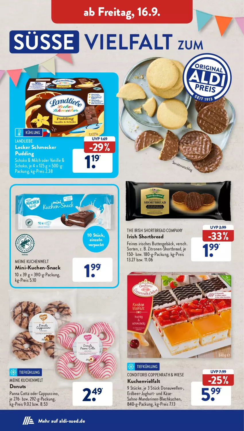 Aktueller Prospekt AldiSud - NÄCHSTE WOCHE - von 12.09 bis 17.09.2022 - strona 36 - produkty: aldi, butter, Cap, cappuccino, cin, coppenrath, Donauwellen, Donut, donuts, eis, elle, joghur, joghurt, Käse, kuchen, landliebe, mandarine, mandarinen, milch, oder cappuccino, panna cotta, pudding, reis, sahne, schoko, snack, Ti, vanille, zitrone, zitronen