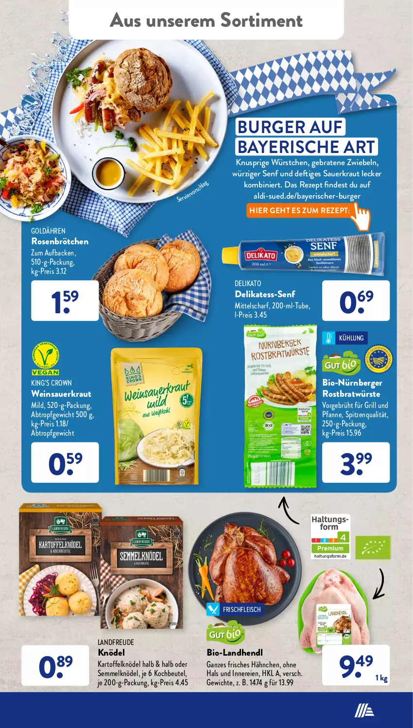 Aktueller Prospekt AldiSud - NÄCHSTE WOCHE - von 12.09 bis 17.09.2022 - strona 39 - produkty: aldi, auer, Berger, beutel, bio, braten, brötchen, burger, eis, fleisch, für grill und pfanne, grill, grill und pfanne, Hendl, kartoffel, Kartoffelknödel, Knödel, kochbeutel, Kraut, nürnberger, pfanne, reis, rezept, rosen, Sauerkraut, Semmel, senf, spitzenqualität, Ti, und pfanne, wein, Weinsauerkraut, würstchen, zwiebel, zwiebeln