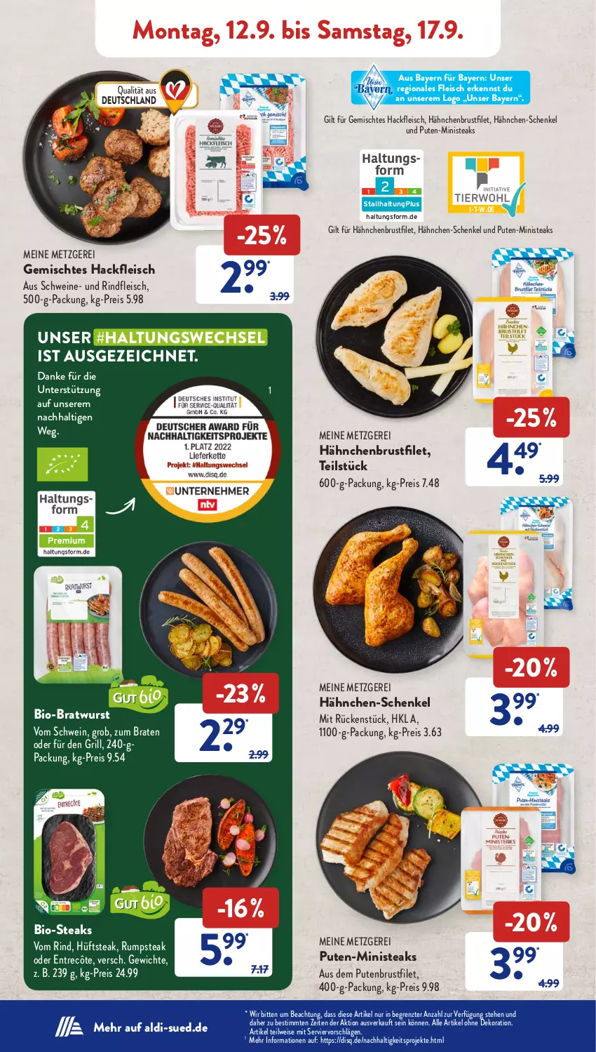 Aktueller Prospekt AldiSud - NÄCHSTE WOCHE - von 12.09 bis 17.09.2022 - strona 4 - produkty: aldi, alle artikel ohne dekoration, bio, Bio-Steak, braten, bratwurst, brustfilet, dekoration, eis, entrecôte, filet, fleisch, grill, gsw, hackfleisch, hähnchen-schenkel, hähnchenbrust, hähnchenbrustfilet, henkel, hüftsteak, pute, putenbrust, putenbrustfilet, reis, rind, rindfleisch, rum, rumpsteak, schenkel, schwein, schweine, steak, steaks, Ti, wein, weine, wurst, ZTE