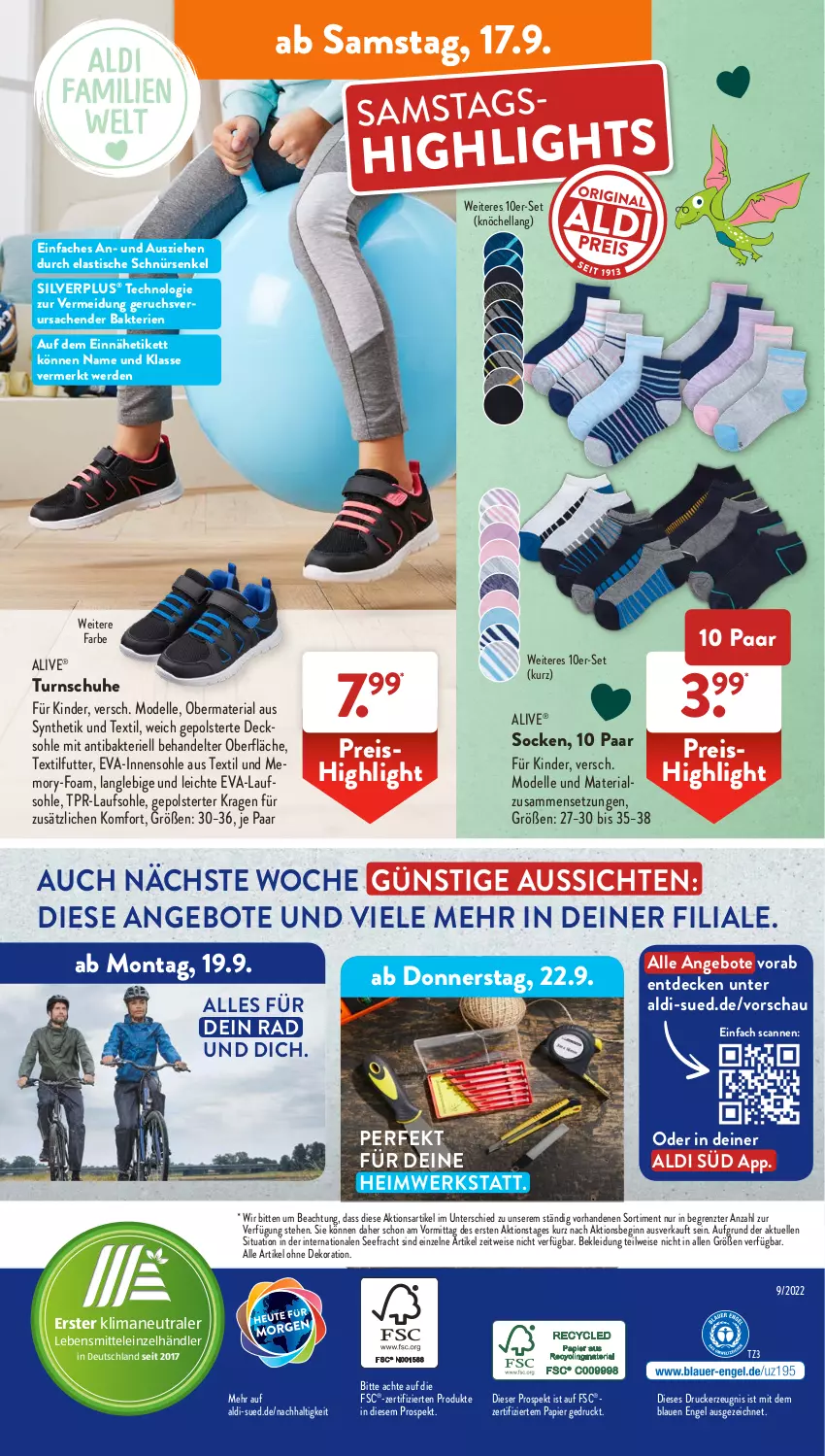 Aktueller Prospekt AldiSud - NÄCHSTE WOCHE - von 12.09 bis 17.09.2022 - strona 41 - produkty: aldi, alle artikel ohne dekoration, angebot, angebote, asti, decke, decksohle, dekoration, dell, drucker, eis, elle, Engel, erde, gin, hella, kerze, Kinder, kleid, Kleidung, lebensmittel, Mode, papier, reis, Ria, sac, schuhe, socken, Ti, tisch, ZTE