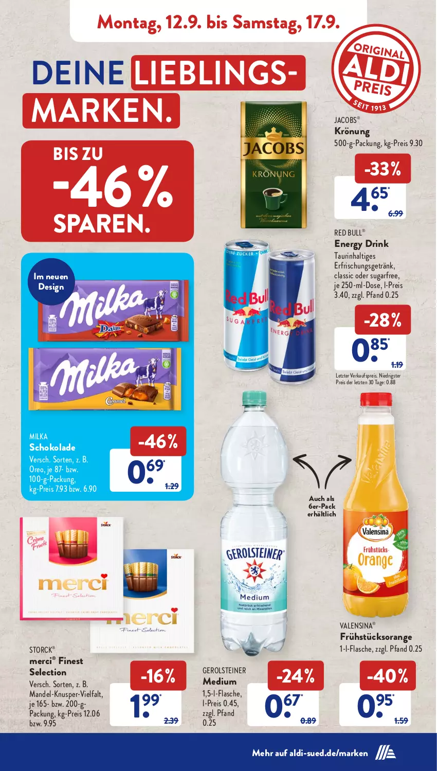 Aktueller Prospekt AldiSud - NÄCHSTE WOCHE - von 12.09 bis 17.09.2022 - strona 5 - produkty: aldi, drink, eis, energy drink, flasche, gerolsteine, gerolsteiner, getränk, jacobs, mandel, merci, milka, milka schokolade, orange, oreo, red bull, reis, schoko, schokolade, steiner, storck, Ti, valensina, ZTE