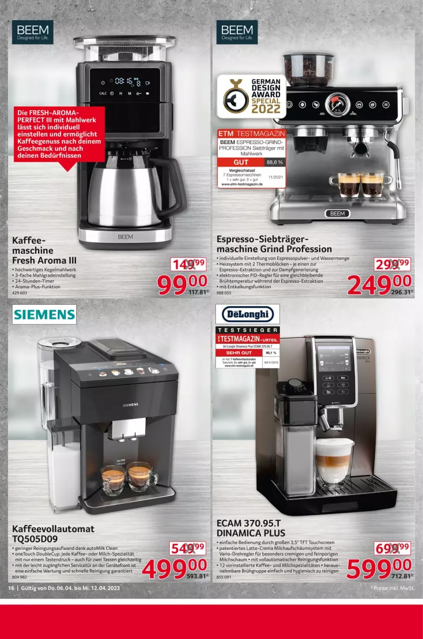 Aktueller Prospekt Selgros - Nonfood - von 06.04 bis 12.04.2023 - strona 16 - produkty: amica, auto, De'Longhi, Elektro, elle, espresso, Germ, kaffee, kaffeevollautomat, latte, LG, magazin, milch, Reinigung, rind, ring, siemens, Spezi, tasse, Ti, timer, tisch, touchscreen, wasser