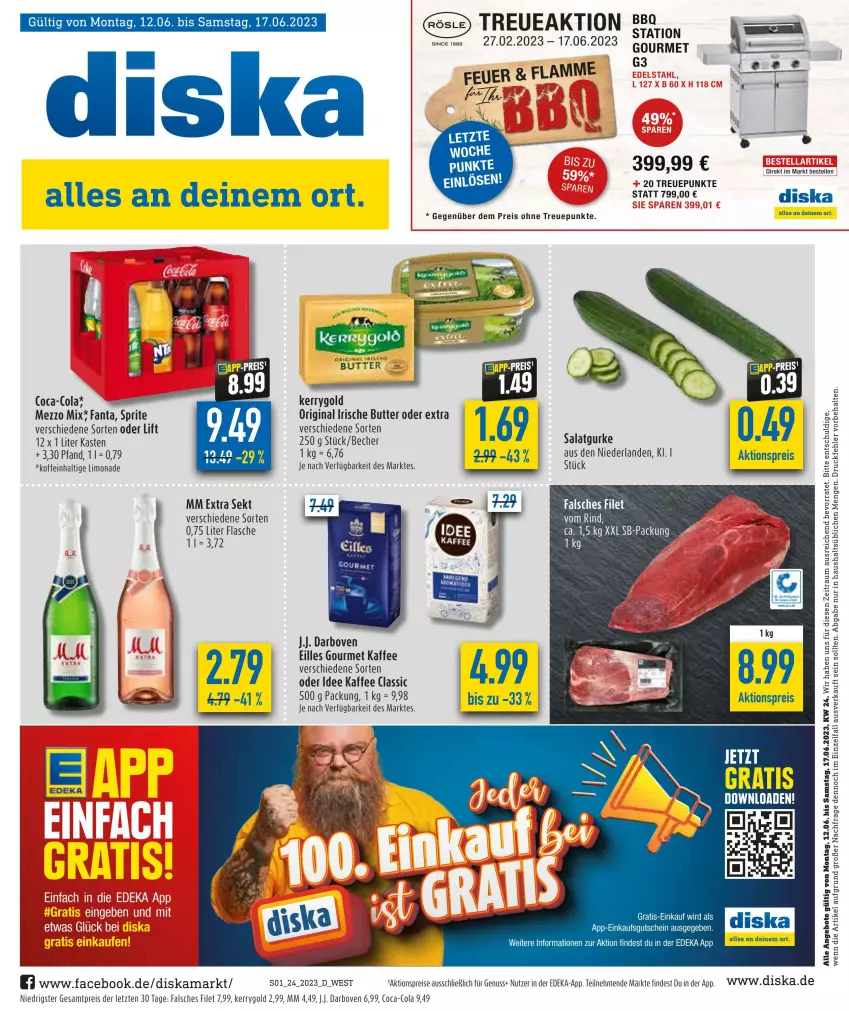 Aktueller Prospekt Diska - Prospekte - von 12.06 bis 17.06.2023 - strona 1 - produkty: aktionspreis, angebot, angebote, Becher, butter, coca-cola, cola, darbo, darboven, deka, eilles gourmet, eis, elle, Falsches Filet, fanta, filet, flasche, gin, gurke, gutschein, irische butter, kaffee, kerrygold, lamm, limo, limonade, Mezzo Mix, mm extra, nuss, reis, salat, Salatgurke, sekt, sprite, tee, Ti, ZTE