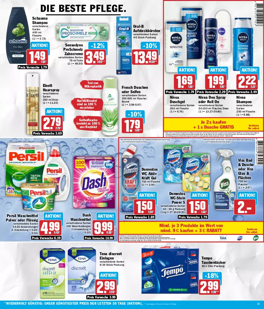 Aktueller Prospekt Aez - Prospekte - von 02.04 bis 06.04.2024 - strona 13 - produkty: asti, aufsteckbürsten, Bad, beutel, bio, Brei, bürste, bürsten, coupon, coupons, creme, deo, deo spray, Discreet, domestos, dusche, duschgel, eis, elnett, flasche, Frosch, gin, haarspray, kraft, nivea, oral-b, persil, persil waschmittel, Rauch, reis, rwe, schauma, schauma shampoo, Seife, sensodyne, shampoo, Tasche, taschen, taschentücher, Tempo, Ti, Tiere, tücher, waschmittel, zahncreme, ZTE