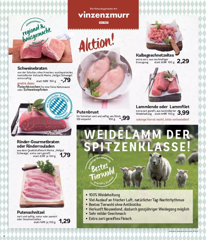 Aktueller Prospekt Aez - Prospekte - von 02.04 bis 06.04.2024 - strona 4 - produkty: bio, braten, eis, Elan, elle, fleisch, geschnetzeltes, hofgut, lamm, Lammlende, mac, natur, pute, putenbrust, putenschnitzel, reis, rind, rinder, Rinderroulade, rinderrouladen, rouladen, saft, sauce, schnitzel, schwein, schweine, schweinebraten, Ti, trolli, wein, weine, Zelt, ZTE