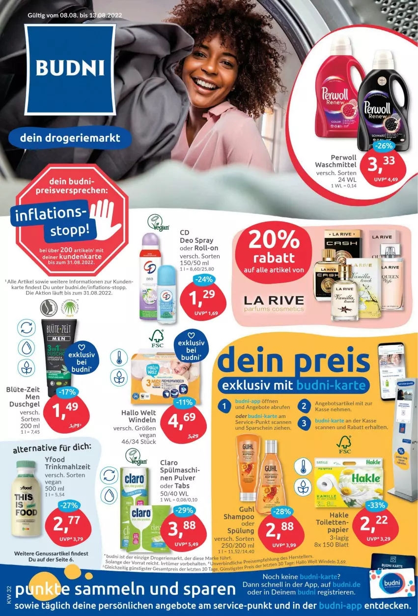 Aktueller Prospekt Budni - Prospekte - von 08.08 bis 13.08.2022 - strona 1 - produkty: angebot, angebote, Bau, Blüte, Brufen, decke, deo, deo spray, duschgel, eis, elle, Guhl, hakle, Holz, Kamill, kamille, La Rive, nuss, papier, perwoll, reis, roll-on, shampoo, spülung, teller, Ti, waschmittel, windeln, ZTE