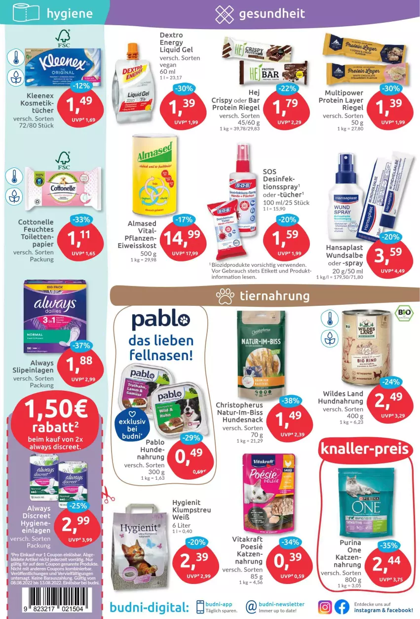 Aktueller Prospekt Budni - Prospekte - von 08.08 bis 13.08.2022 - strona 5 - produkty: Almased, Alwa, Always, bio, biozidprodukte, cola, cottonelle, coupon, coupons, dailies, decke, Discreet, eis, elle, hansaplast, hundesnack, karotten, kartoffel, kartoffeln, klumpstreu, kosmetik, kraft, natur, papier, pflanze, pflanzen, Rauch, riegel, rind, rwe, slip, slipeinlagen, snack, tee, Ti, tücher, vita, vitakraft, white chocolate, Wild