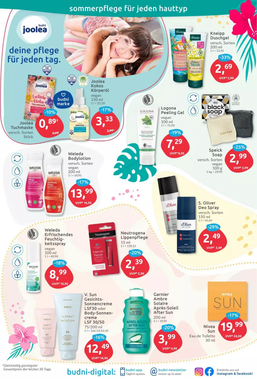 Aktueller Prospekt Budni - Prospekte - von 08.08 bis 13.08.2022 - strona 7 - produkty: after sun, body, bodylotion, creme, decke, deo, deo spray, duschgel, eau de toilette, eis, garnier, kneipp, Lippenpflege, Lotion, Maske, neutrogena, nivea, olive, Peeling, reis, sonnencreme, Speick, Ti, tuc, tuchmaske, weleda, ZTE