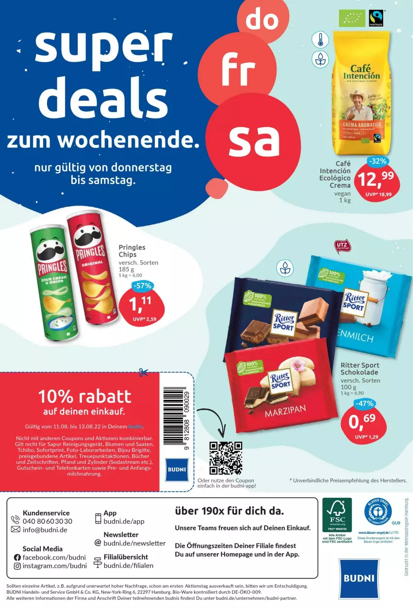 Aktueller Prospekt Budni - Prospekte - von 08.08 bis 13.08.2022 - strona 8 - produkty: bio, chips, coupon, eis, elle, Engel, Omep, pringles, reis, ring, ritter, ritter sport, sana, schoko, schokolade, Sport, teller, Ti, trolli, Yo