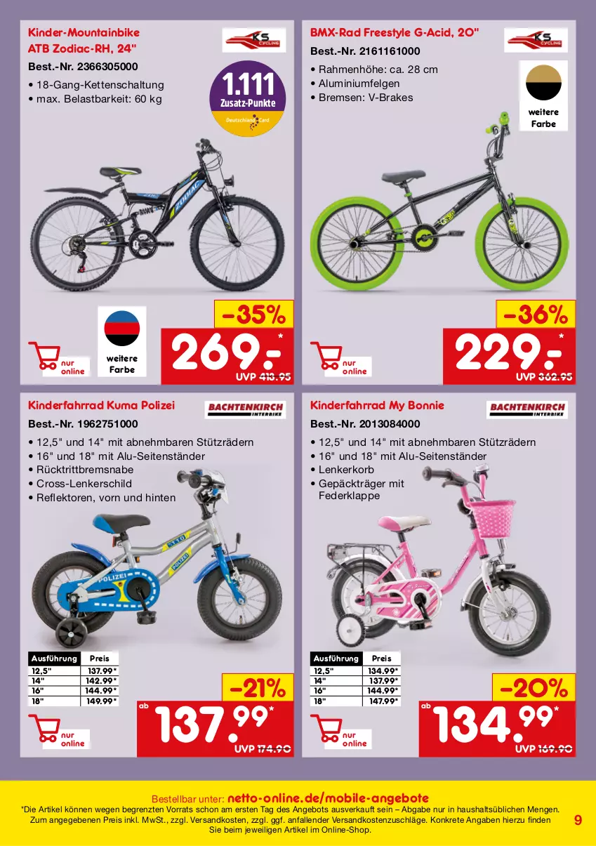 Aktueller Prospekt Netto Marken-Discount - Online-SonderangeboteMobilität - von 27.04 bis 31.07.2023 - strona 9 - produkty: aluminiumfelgen, angebot, angebote, eis, Fahrrad, felgen, Kette, Kinder, Kinderfahrrad, korb, LG, Mountainbike, ndk, reis, Schal, Ti, ZTE