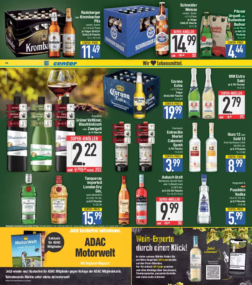 Aktueller Prospekt E Center - Angebote der Woche - von 29.05 bis 03.06.2023 - strona 14 - produkty: alkohol, aperitif, asbach uralt, Berger, budweiser, cabernet, corona, corona extra, deka, dry gin, eis, ente, entrecôte, flasche, Geflügel, gin, grüner veltliner, hartkäse, Käse, Kette, krombache, krombacher, krombacher pils, lamm, likör, london dry, london dry gin, mac, magazin, merl, merlot, mm extra, ouzo, ouzo 12, pasta, pils, pilsner, pilsner urquell, puschkin vodka, radeberger, regal, reis, rind, rwe, Schal, Schale, schwein, sekt, super-knüller, Tanqueray, Ti, Tiere, vodka, vorspeise, wein, weinbrand, ZTE, Zweigelt