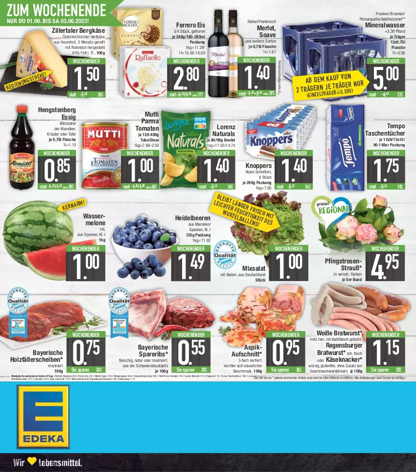 Aktueller Prospekt E Center - Angebote der Woche - von 29.05 bis 03.06.2023 - strona 20 - produkty: adelholzener, Alwa, aufschnitt, ball, beere, beeren, Bergkäse, beutel, bratwurst, brunnen, burger, eis, elle, essig, ferrero, flasche, fleisch, franken brunnen, hartkäse, heidelbeere, heidelbeeren, hengstenberg, Heu, heumilch, Holz, Kalbfleisch, Käse, knacker, knoppers, kräuter, lebensmittel, lorenz, mac, Meister, melone, merl, merlot, milch, mineralwasser, mit kalbfleisch, Mutti, natur, natura, nuss, Pfingstrosen, regensburger, reis, rosen, Rosenstrauß, salat, schnitten, schwein, schweine, spareribs, Tasche, taschen, taschentücher, Tempo, Ti, tomate, tomaten, tücher, wasser, wassermelone, wein, weine, wurst, ZTE