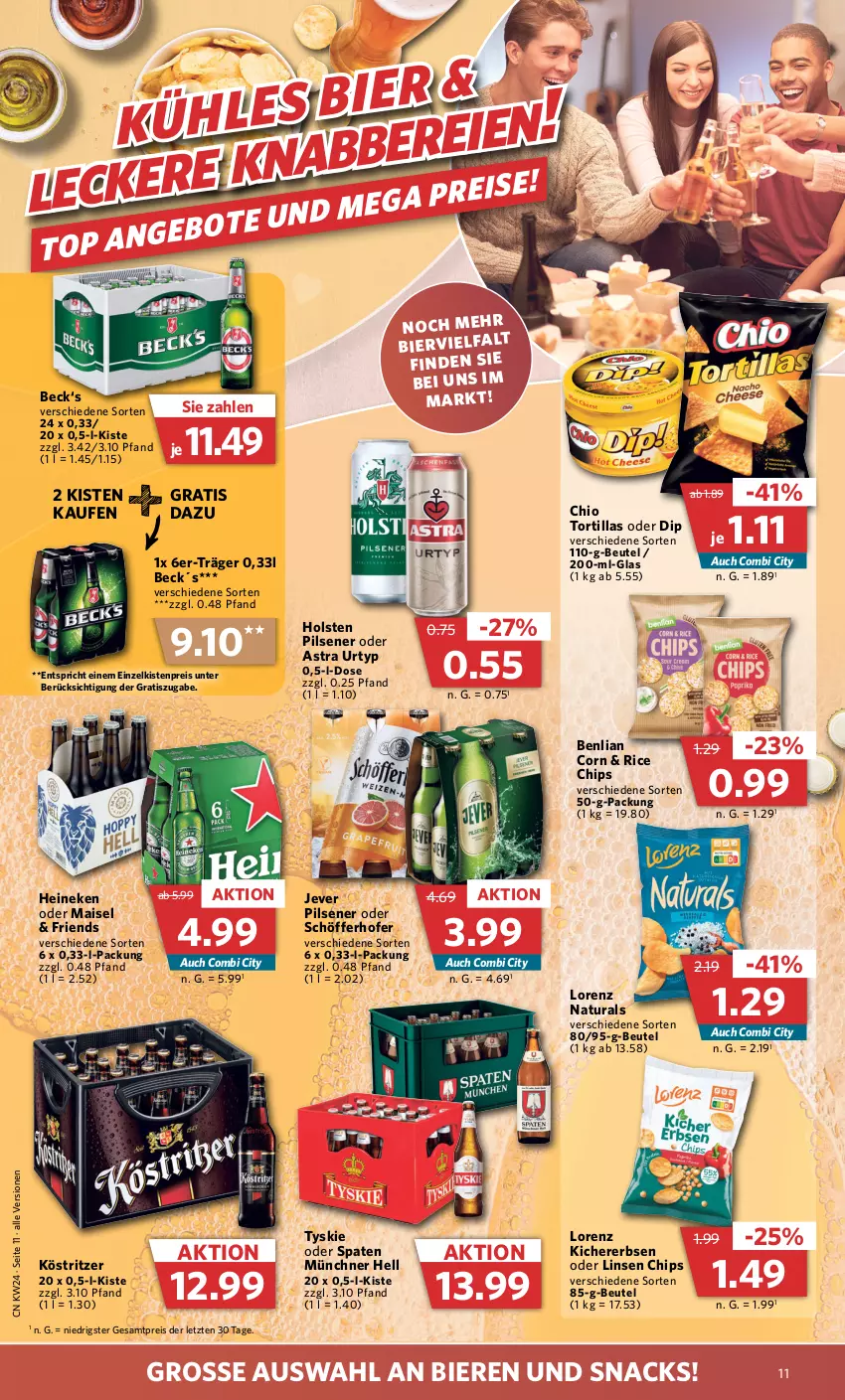 Aktueller Prospekt Combi - Prospekte - von 12.06 bis 17.06.2023 - strona 11 - produkty: Astra, beutel, bier, Biere, chips, dip, eis, erbsen, heineken, holsten, holsten pilsener, jever, jever pilsener, kichererbsen, köstritzer, linsen, lorenz, mais, natur, natura, pils, pilsener, reis, schöfferhofer, snack, snacks, Spaten, Ti, tortilla, tortillas, tyskie, urtyp, ZTE