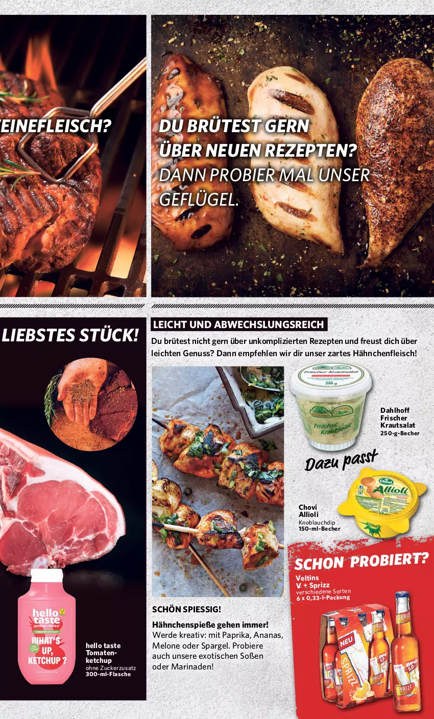 Aktueller Prospekt Combi - Prospekte - von 12.06 bis 17.06.2023 - strona 16 - produkty: allioli, ananas, Becher, bier, Biere, chovi, dip, eis, erde, essig, flasche, fleisch, Geflügel, Hähnchenfleisch, ketchup, knoblauch, Knoblauchdip, Kraut, krautsalat, marinade, melone, mit paprika, nuss, paprika, rezept, rezepte, salat, Soße, spargel, Sprizz, Ti, tisch, tomate, tomaten, tomatenketchup, veltins, wein, weine, zucker