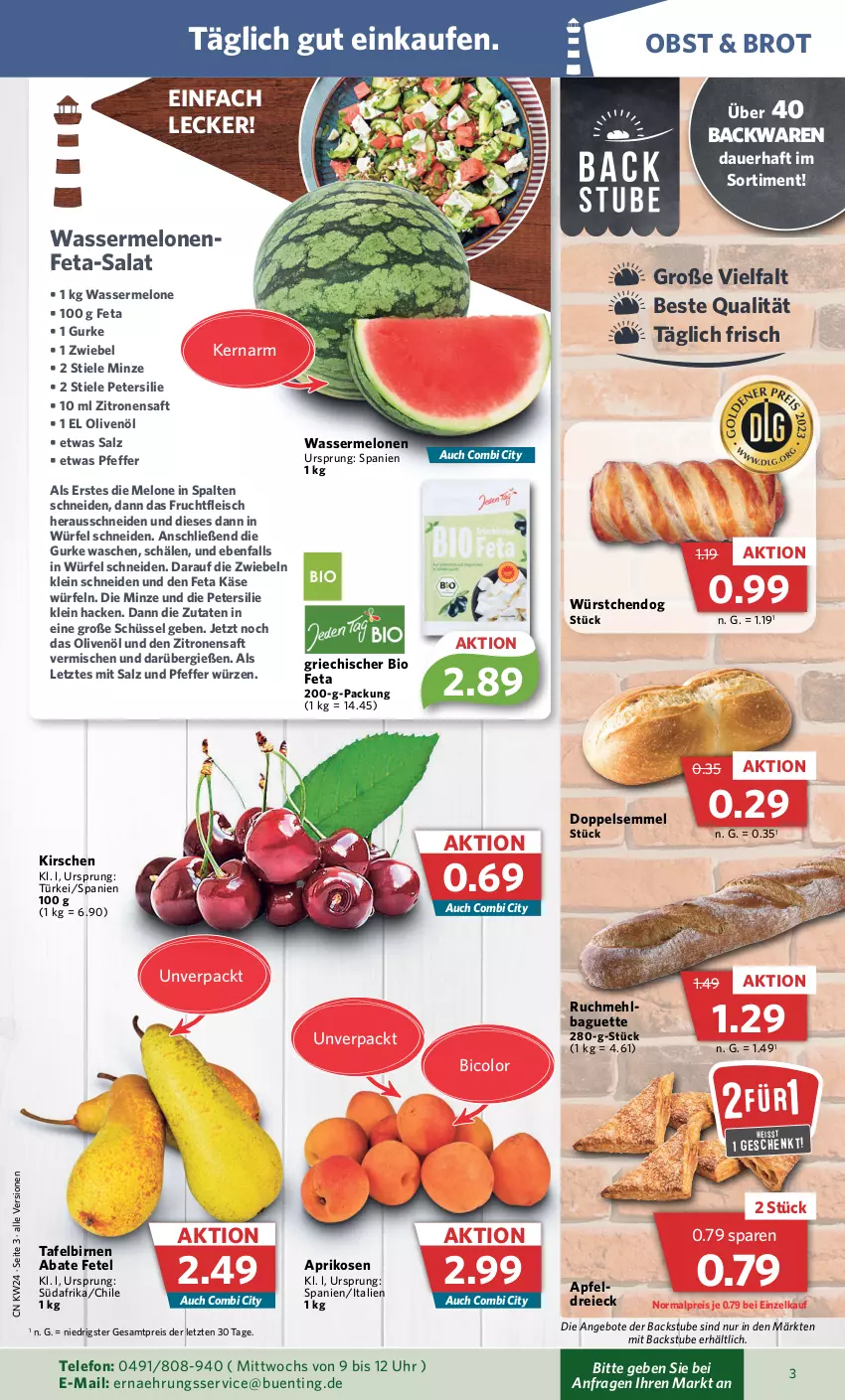 Aktueller Prospekt Combi - Prospekte - von 12.06 bis 17.06.2023 - strona 3 - produkty: angebot, angebote, apfel, aprikose, aprikosen, auer, backwaren, baguette, bio, Birnen, brot, eis, feta, fleisch, frucht, fruchtfleisch, gurke, Käse, kirsch, kirsche, kirschen, mehl, melone, melonen, minze, obst, olive, oliven, olivenöl, petersilie, pfeffer, reis, saft, salat, salz, schüssel, Semmel, stube, tafelbirnen, telefon, Ti, uhr, wasser, wassermelone, wassermelonen, würfel, würstchen, zitrone, zitronen, zitronensaft, ZTE, zwiebel, zwiebeln