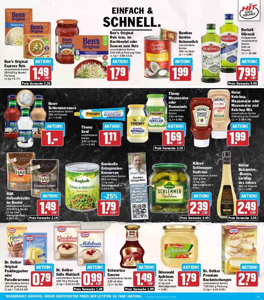 Aktueller Prospekt Hit - Wochenprospekt - von 17.02 bis 22.02.2025 - strona 11 - produkty: apfel, apfelmus, backmischung, Backmischungen, balsam, balsamico, bamboo, bertolli, beutel, bonduelle, creme, dell, Dr. Oetker, eis, elle, flasche, frikadellen, früchte, Gemüsekonserve, gin, heinz, hülsenfrüchte, kartoffel, kartoffelsalat, ketchup, knorr, kochbeutel, kokos, kokosmilch, Konserven, Kühne, mayonnaise, milch, odenwald, olive, oliven, olivenöl, pudding, reis, remoulade, salat, sauce, saucen, schlemmersauce, schlemmertöpfchen, Schwartau, senf, Speck, thomy, Ti, Töpfchen, Yo, ZTE