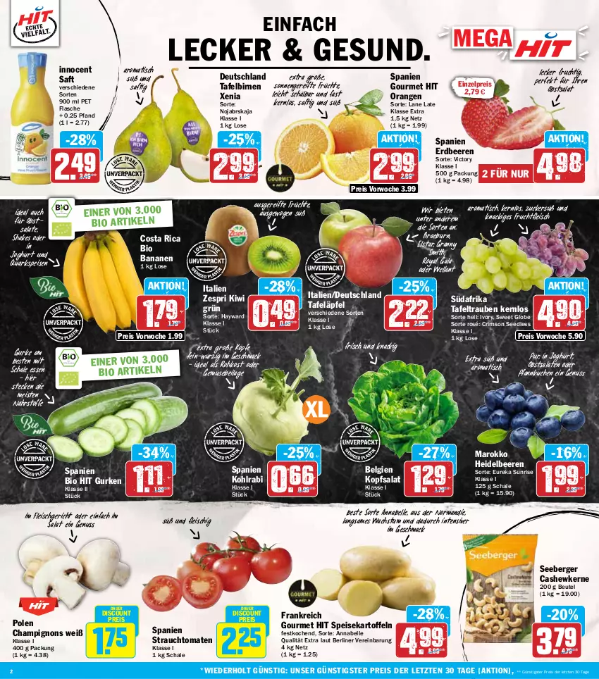 Aktueller Prospekt Hit - Wochenprospekt - von 17.02 bis 22.02.2025 - strona 2 - produkty: auer, banane, bananen, beere, beeren, Berger, berliner, beutel, bio, bio hit, Birnen, Cashew, cashewkerne, champignon, champignons, discount, eis, elle, erdbeere, erdbeeren, flasche, fleisch, frucht, früchte, fruchtfleisch, gurke, gurken, heidelbeere, heidelbeeren, ilag, Innocent, joghur, joghurt, kartoffel, kartoffeln, kiwi, kohlrabi, kopfsalat, kuchen, LG, mac, nuss, obst, orange, orangen, Pfannkuchen, quark, Rauch, reis, saft, salat, salate, Schal, Schale, seeberger, shake, speisekartoffeln, strauchtomaten, tafeläpfel, tafelbirnen, tafeltrauben, Ti, tisch, tomate, tomaten, trauben, Wella, zespri, ZTE, zucker