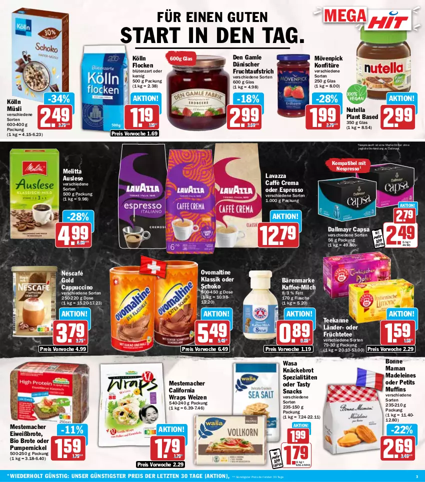 Aktueller Prospekt Hit - Wochenprospekt - von 17.02 bis 22.02.2025 - strona 3 - produkty: aufstrich, bärenmarke, bio, Blüte, bonne maman, brot, caffè crema, Cap, cappuccino, cin, coupon, dallmayr, dallmayr capsa, den gamle, eis, Eiweißbrot, espresso, flasche, frucht, fruchtaufstrich, früchte, Früchtetee, kaffee, knäckebrot, kölln, konfitüre, lavazza, leine, mac, mam, melitta, mestemacher, milch, mövenpick, Muffin, muffins, müsli, Nescafé, nescafé gold, nespresso, nutella, oder espresso, ovomaltine, Pumpernickel, reis, ritter, schoko, snack, snacks, Spezi, tee, teekanne, Ti, wasa, wrap, wraps, ZTE