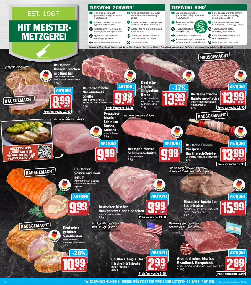 Aktueller Prospekt Hit - Wochenprospekt - von 17.02 bis 22.02.2025 - strona 4 - produkty: auer, bacon, Bau, Bauer, beef, bio, braten, brokkoli, burger, cevapcici, eis, ente, fisch, fleisch, Geflügel, gewürz, gouda, gulasch, hackfleisch, hamburger, honig, hüftsteak, hüftsteaks, jungbullen, Käse, kasseler, kochschinken, lack, mais, Meister, mit zwiebeln, monitor, Nackensteak, nackensteaks, natur, pfeffer, pute, reis, Ria, rind, rinder, rinderhackfleisch, rindfleisch, ring, roastbeef, rum, rumpsteak, sauce, schinken, schinkenbraten, schnitten, schnitzel, schwein, schweine, schweinerücken, Spezi, spinat, Sport, steak, steaks, Ti, Tiere, tisch, wein, weine, ZTE, zwiebel, zwiebeln