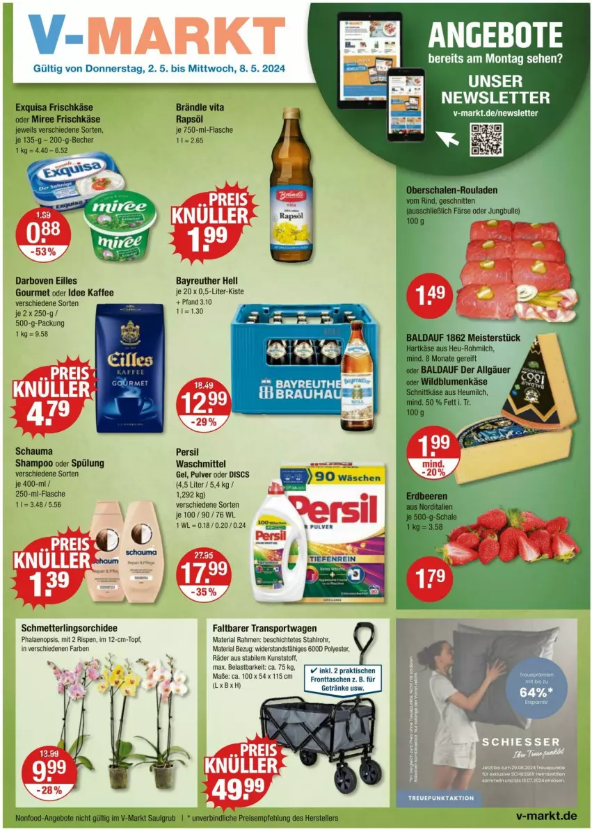 Aktueller Prospekt Vmarkt - Prospekte - von 02.05 bis 08.05.2024 - strona 1 - produkty: angebot, angebote, Becher, blume, blumen, darbo, darboven, eis, elle, flasche, getränk, getränke, hartkäse, Heu, heumilch, kaffee, Käse, LG, Meister, Mett, milch, orchidee, persil, phalaenopsis, reis, Ria, rind, rouladen, Schal, Schale, schauma, Schmetterling, schmetterlingsorchidee, schnitten, schnittkäse, shampoo, shampoo oder spülung, Sport, spülung, teller, Ti, topf, Transportwagen, vita, waschmittel, Wild, Wildblumenkäse