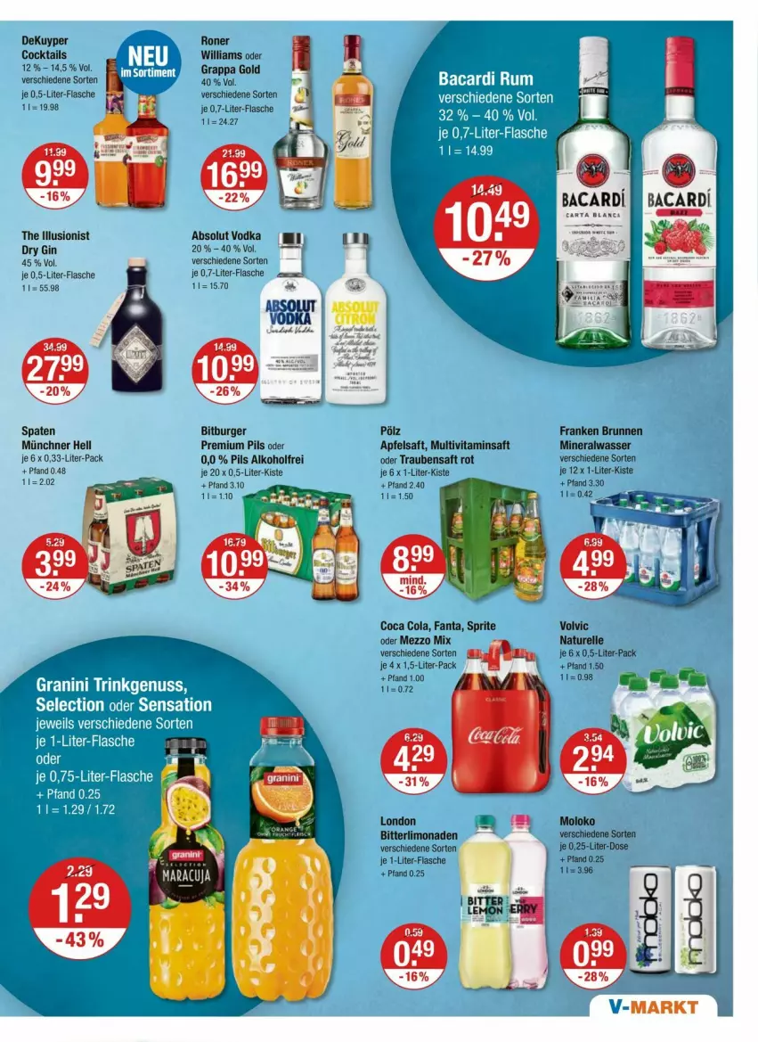 Aktueller Prospekt Vmarkt - Prospekte - von 02.05 bis 08.05.2024 - strona 11 - produkty: Absolut Vodka, alkohol, Alwa, apfel, apfelsaft, bacardi, bitburger, brunnen, burger, cocktail, cocktails, cola, dry gin, elle, fanta, flasche, franken brunnen, gin, grappa, je 1-liter-flasche, limo, limonade, limonaden, Mezzo Mix, mineralwasser, Multivitaminsaft, natur, pils, premium pils, rel, saft, Spaten, sprite, Ti, trauben, Traubensaft, vita, vodka, volvic, wasser