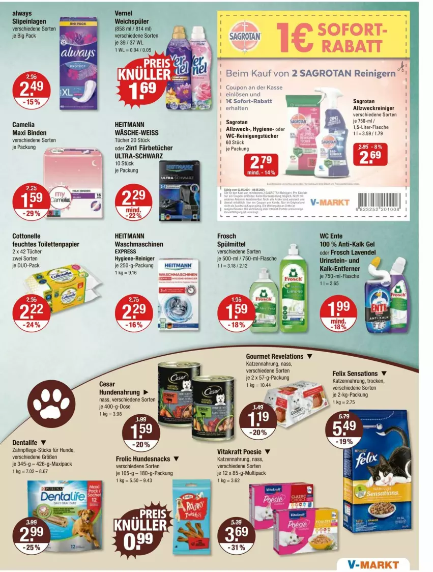 Aktueller Prospekt Vmarkt - Prospekte - von 02.05 bis 08.05.2024 - strona 13 - produkty: allzweckreiniger, Alwa, Always, binden, camelia, cottonelle, coupon, eis, elle, ente, felix, feuchtes toilettenpapier, flasche, frolic, Frosch, heitmann, hundenahrung, hundesnack, hundesnacks, hygiene-reiniger, je 250-g-packung, katzennahrung, kraft, lavendel, papier, reiniger, Reinigung, reinigungstücher, sagrotan, sensations, slip, slipeinlagen, snack, snacks, sofort-rabatt, spülmittel, Ti, toilettenpapier, tücher, vernel, vita, vitakraft, waschmaschine, waschmaschinen, wc ente, weck, weichspüler