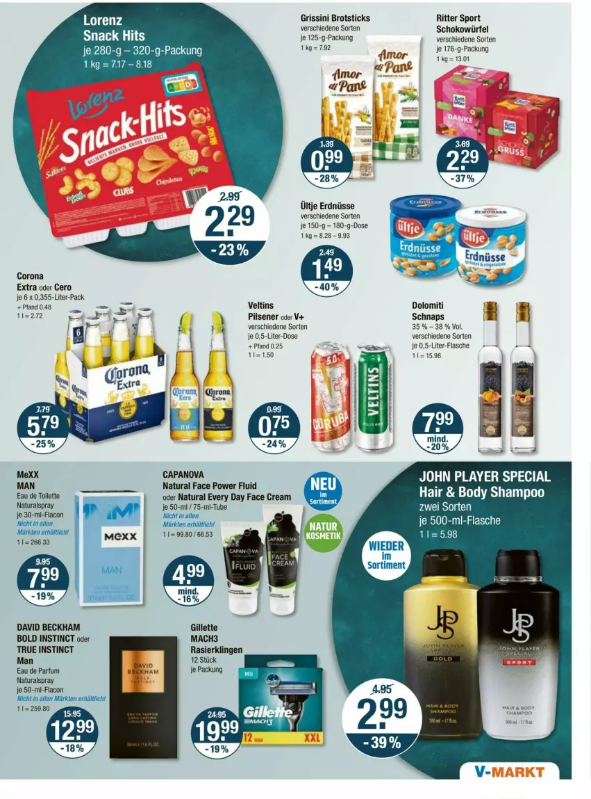 Aktueller Prospekt Vmarkt - Prospekte - von 02.05 bis 08.05.2024 - strona 15 - produkty: brot, Brotsticks, corona, corona extra, David Beckham, Eau de parfum, erdnüsse, gillette, grissini, mac, mach3, Mexx, natur, natura, parfum, pils, pilsener, Rasierklinge, rasierklingen, ritter, ritter sport, schoko, schokowürfel, Sport, Ti, ültje, ültje erdnüsse, veltins, würfel