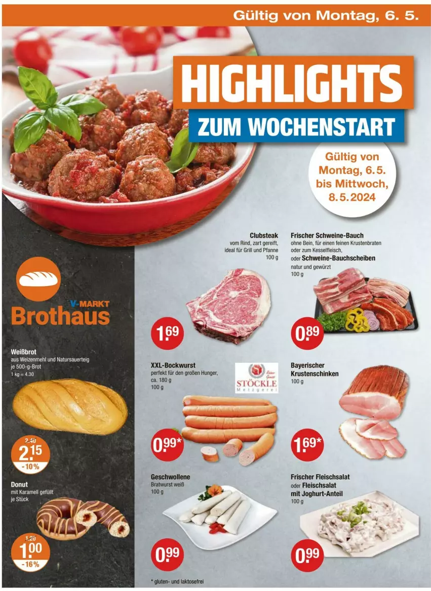 Aktueller Prospekt Vmarkt - Prospekte - von 02.05 bis 08.05.2024 - strona 22 - produkty: auer, Bau, bauchscheiben, bockwurst, braten, bratwurst, brot, eis, fleisch, fleischsalat, für grill und pfanne, gewürz, grill, grill und pfanne, ideal für grill, ideal für grill und pfanne, joghur, joghurt, karamell, krustenbraten, Krustenschinken, LG, mehl, natur, pfanne, rind, salat, schinken, schwein, schweine, schweine-bauch, schweine-bauchscheiben, steak, und pfanne, wein, weine, weizenmehl, wolle, wurst