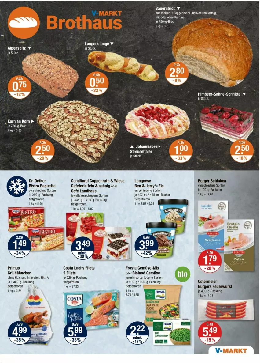 Aktueller Prospekt Vmarkt - Prospekte - von 02.05 bis 08.05.2024 - strona 5 - produkty: auer, baguette, Bau, Bauer, Becher, Berger, bio, bioland, Bistro Baguette, brot, burger, coppenrath, Dr. Oetker, eier, eis, filet, filets, frosta, grill, grillhähnchen, himbeer, je 250-g-packung, je 750-g-brot, korn, lachs, langnese, Laugenstange, mehl, natur, Ria, sahne, schinken, Ti, wurst