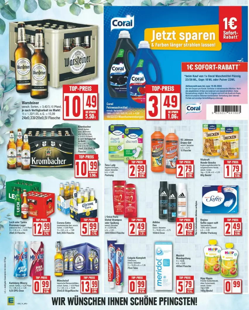 Aktueller Prospekt Edeka - Prospekte - von 13.05 bis 18.05.2024 - strona 14 - produkty: beutel, Cap, Coral, elvital, flasche, früchte, gin, hipp, krombache, krombacher, LG, meridol, mönchshof, shampoo, shampoo oder spülung, spülung, steiner, Tasche, taschen, Ti, vita, warsteiner, waschmittel