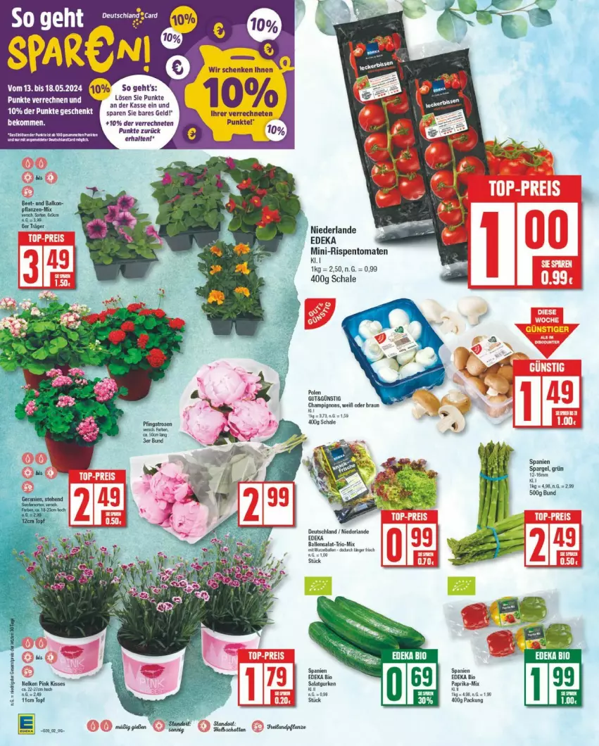 Aktueller Prospekt Edeka - Prospekte - von 13.05 bis 18.05.2024 - strona 2 - produkty: ball, bio, braun, champignon, champignons, deka, edeka bio, paprika, salat, Schal, Schale, spargel, Ti, tuc, uhr