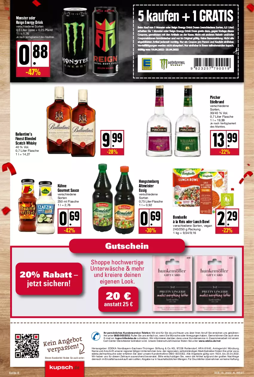 Aktueller Prospekt Kupsch - Angebote der Woche - von 19.04 bis 23.04.2022 - strona 8 - produkty: angebot, angebote, ball, blended scotch, blended scotch whisky, bonduelle, coupon, coupons, deka, drink, Drink Dose, eier, eis, elle, energy drink, ente, erde, essig, flasche, gin, gutschein, hengstenberg, Hengstenberg Altmeister, Kühne, Meister, monster, pircher, reis, ring, sac, sauce, scotch, scotch whisky, telefon, Ti, Unterwäsche, whisky