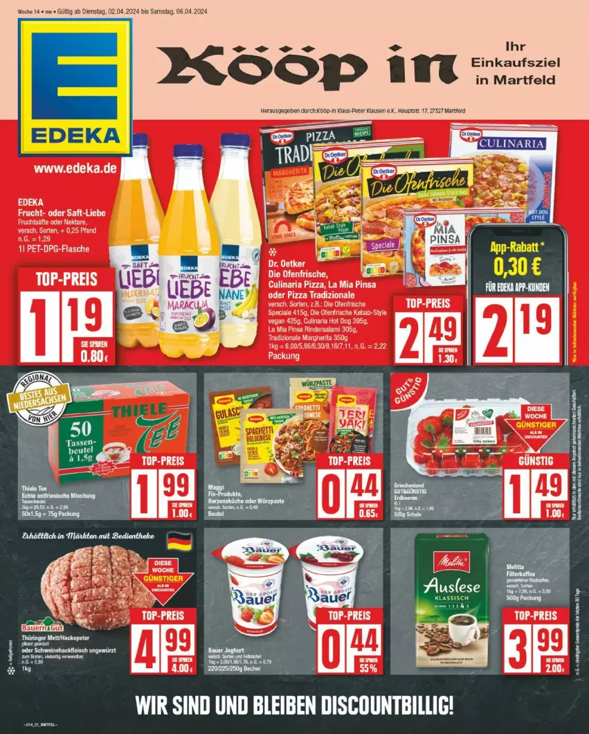 Aktueller Prospekt Edeka - Prospekte - von 01.04 bis 06.04.2024 - strona 1 - produkty: culinaria, deka, die ofenfrische, Dr. Oetker, eis, flasche, gewürz, hot dog, LG, Ofen, reis, Ria, rind, rinder, Rindersalami, ring, salami, tasse, tee, Ti, top-preis