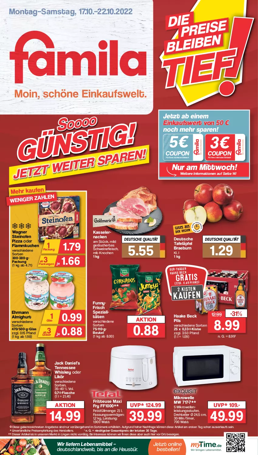 Aktueller Prospekt Famila - Prospekte - von 17.10 bis 22.10.2022 - strona 1 - produkty: almighur, almighurt, angebot, angebote, aust, beutel, coupon, ehrmann, ehrmann almighurt, eis, elle, flammkuchen, flasche, fleisch, fritteuse, Gläser, jack daniel, Jack Daniel’s, kasseler, kuchen, lamm, lebensmittel, likör, mikrowelle, Ofen, pils, pizza, reis, schwein, schweine, schweinefleisch, Spezi, steinofen, steinofen pizza, tafeläpfel, teller, tennessee whiskey, Ti, timer, wagner, wein, weine, whiskey, ZTE